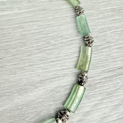 Vintage Sterling Silver Iridescent Green Roman Glass & Beaded Necklace Boho Chic