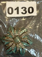 HIGH END Unsigned GORGEOUS Green ENAMEL CRYSTAL FAUX SEED PEARL FLOWER BROOCH