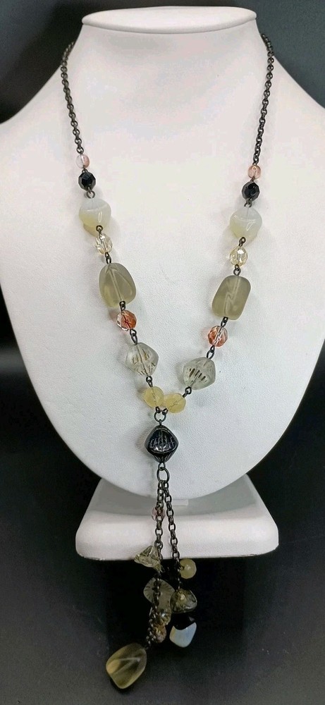 Vintage Glass & Opalite Beaded Tassel Necklace Faux Lariat Black Chain 27″ Long