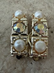 Vintage Aurora Borealis & Faux Pearl Set In Gold-Tone Squares 17” Clip Earrings