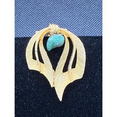 VTG Gold Tone Abstract Textured Brooch Pendant Green Stone Mid Century Modern