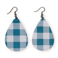 VTG Chunky Teal & White Plaid Lightweight Teardrop Everyday Earrings 3″