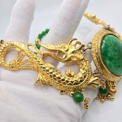 VTG Designer Dragon Statement Necklace, Gold-Tone Metal with Faux Jade Beads