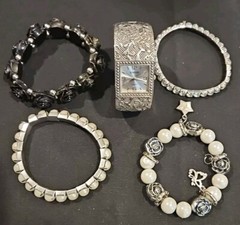 Women’s Pre-owned Lot Of 5 Silver Black Bracelets & Watch