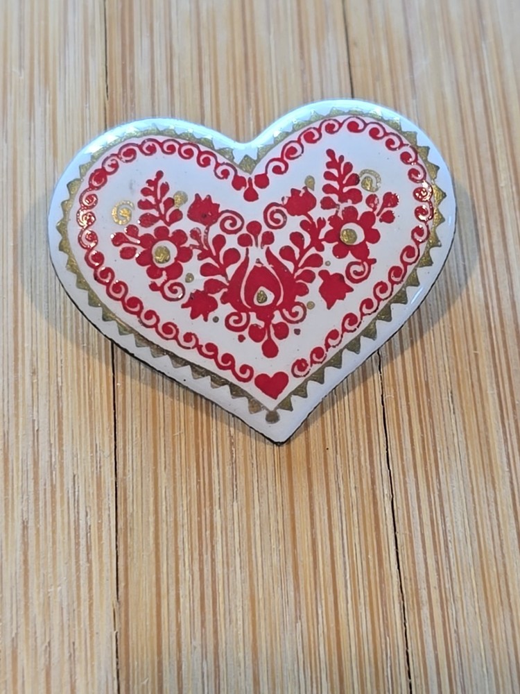Vintage Austrian Enamel Folk Art heart Brooch White Red Gold