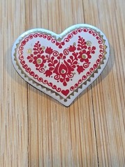 Vintage Austrian Enamel Folk Art heart Brooch White Red Gold