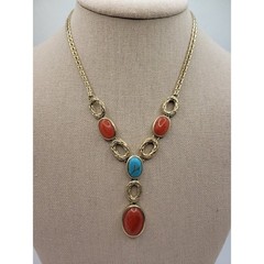 Monet Y Necklace Blue Red Acrylic Stones Matte Goldtone Southwest