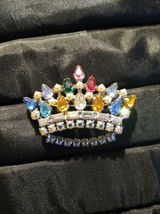 Vintage B David Crown Brooch Pin AB Multi-color Rhinestone Faux Pearl (L112)