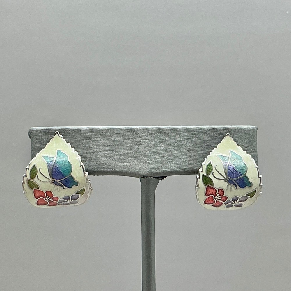 Earrings Womens Silver Tone Vintage Cloisonne Enamel Butterfly Floral 1 Inch