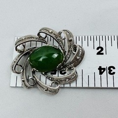 Vintage Sorrento Oval Jade Sterling Silver Brooch Pin Flower