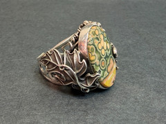 1970 Art Sterling Silver Ring Orbicular Ocean Jasper Grapevine Adjustable 8-10
