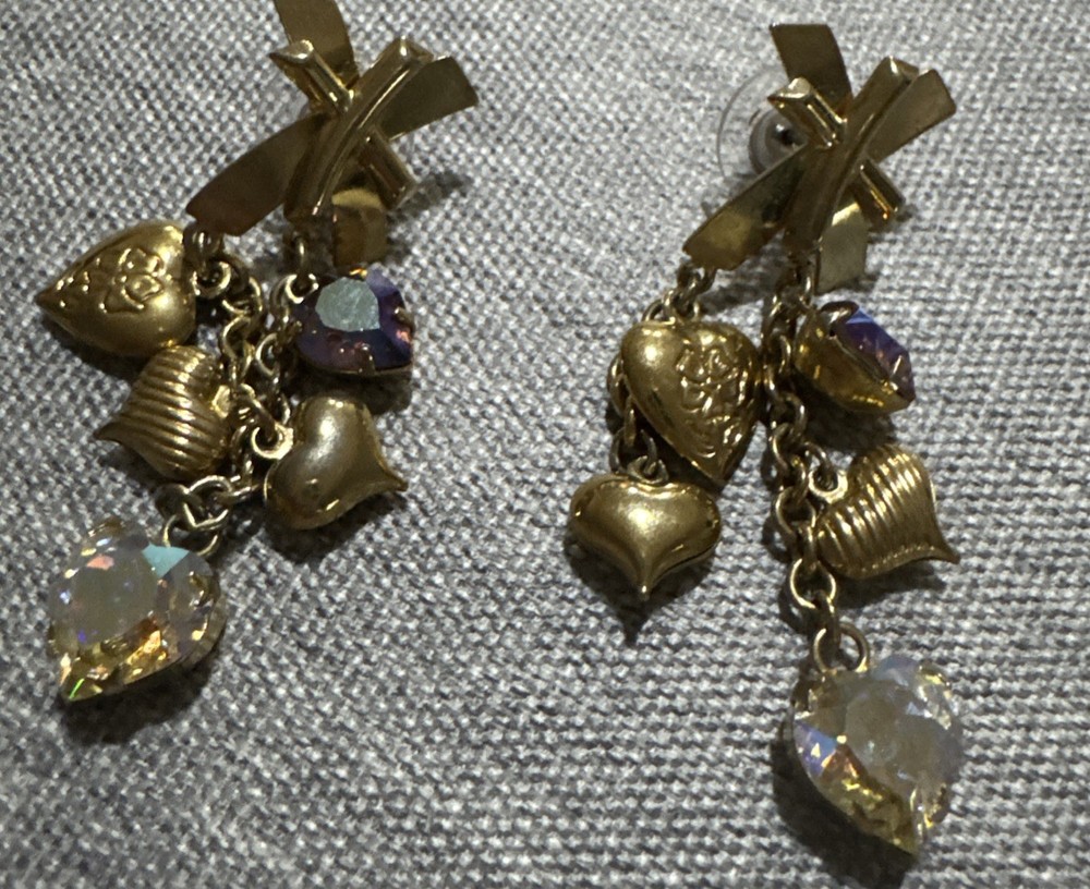 Fancy Aurora Borealis and Gold tone Heart Drop Dangle Earrings