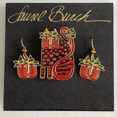 Laurel Burch Brooch and Earrings Set – Festive Feline – New Vintage Stock 1990’s