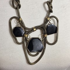 Brass-Tone Statement Necklace Thick Mesh Chain Geometric Rein Black Pendants