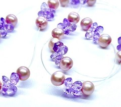 Vintage Sterling Silver Pink Creamy Pearl & Faceted Lilac Crystal Necklace 16”