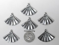 #3465 ANTIQUED STERLING SILVER PLATED PENDANT/ER FAN W/TOP HANG RING – 6 Pc Lot
