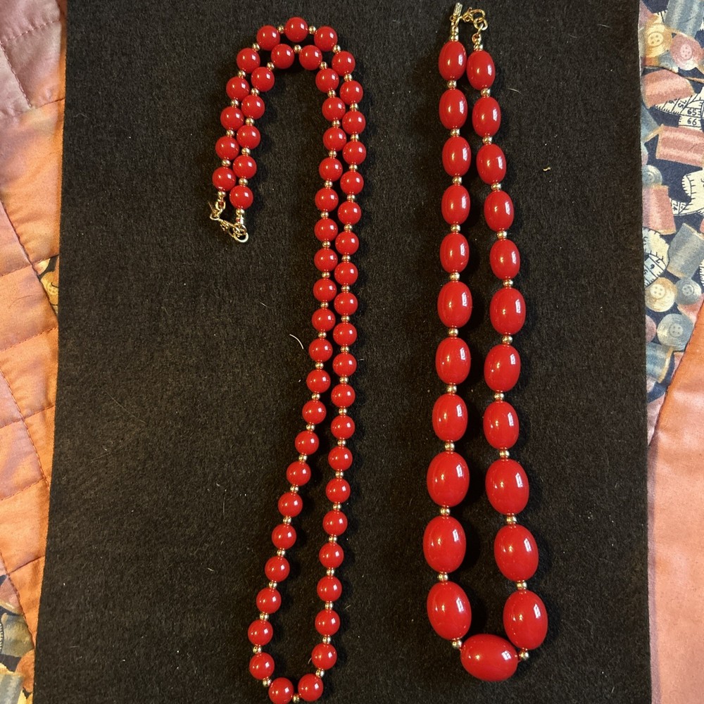 2 Vintage Jewelry MONET Red Lucite/Gold Metal Beads Necklaces