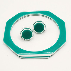 Green w White Stripe Octagon Shape Vintage Pierced Earrings Bangle Bracelet Set