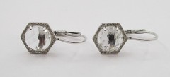2.90Ctw Clear Hexagon Quartz 0.30Ctw Round Diamond Drop Earrings 14K White Gold
