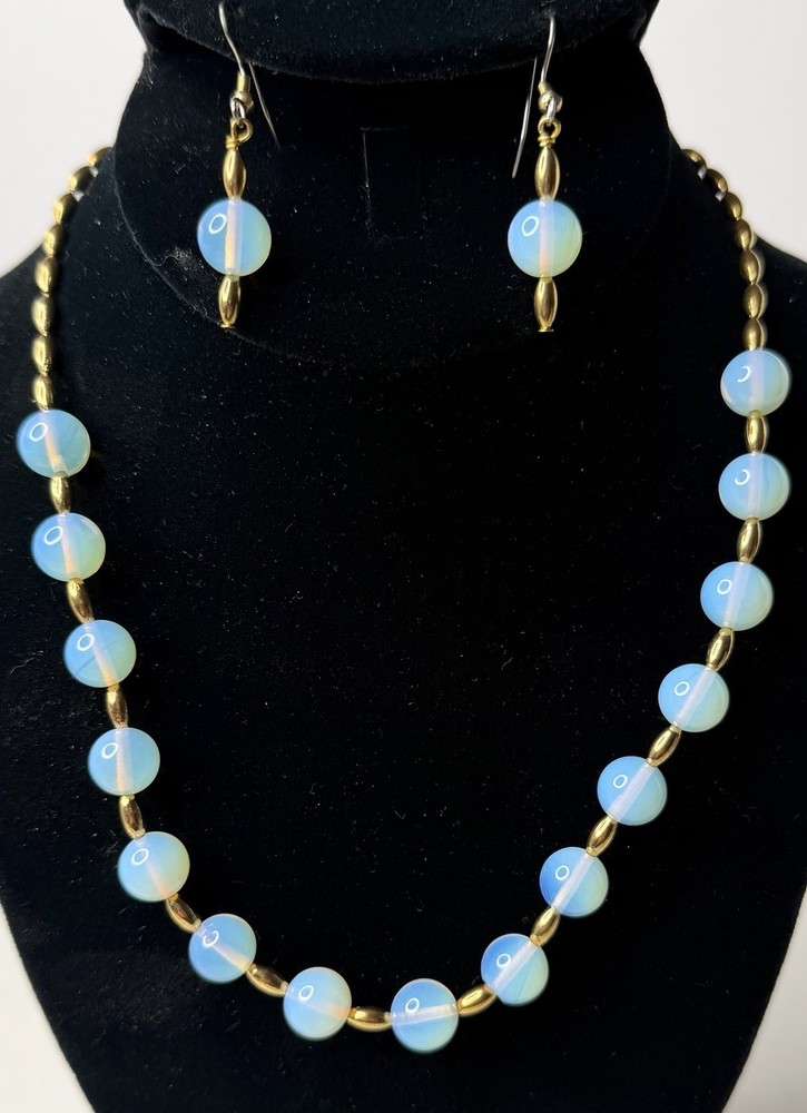 Opalite Gold Bead Bracelet Necklace 19” Earrings 2” Vintage