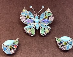 Exquisite REGENCY Butterfly Brooch With Earrings in Luscious Blues and Lavender