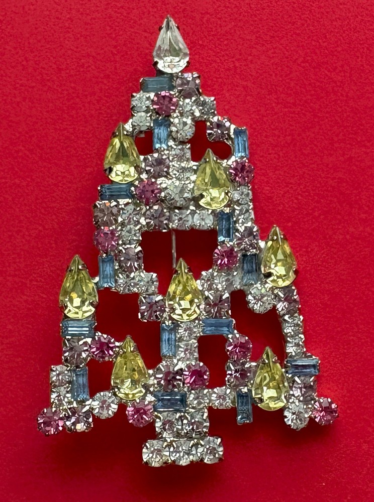 VINTAGE CHRISTMAS TREE PIN BROOCH RON YELLOW RHINESTONES SIGNED HTF MCM 56