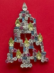 VINTAGE CHRISTMAS TREE PIN BROOCH RON YELLOW RHINESTONES SIGNED HTF MCM 56