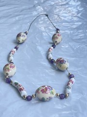 Vintage 13 Inch Colorful Polymer Clay Beaded Floral Necklace