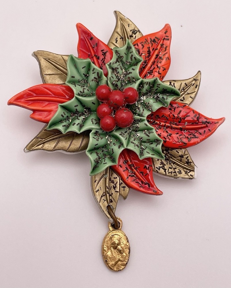 Poinsettia Holly Christmas Plastic Brooch with Dangling Religious Medal