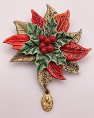 Poinsettia Holly Christmas Plastic Brooch with Dangling Religious Medal