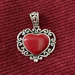 Antique 925 Silver Scrollwork Red Enamel Cabochon Heart Pendant — See Pics!