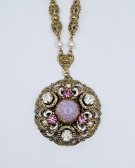Vtg West Germany Filigree Pendant Necklace Pink Faux Opal Rhinestone Pearl