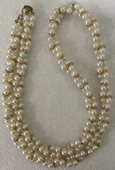Vintage Trifari 1980s? Braided Faux Pearl Necklace Gold Tone Trim Excellent 28”