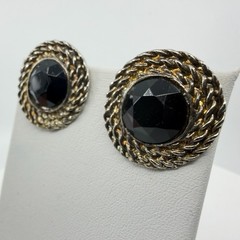 Black Faceted Cabochon Clip-On Earrings Silver Tone Rope Edge Gothic
