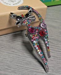 Silver Tone Multi Colored Rhinestone Cat Brooch