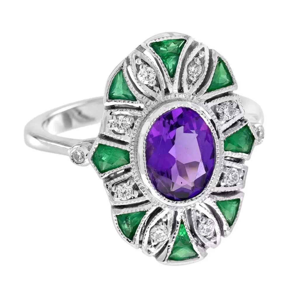 Art Deco Style Lab Created Diamond Amethyst Emerald Ring 14k White Gold Finish