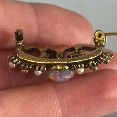 Regency Style Opal Glass Crown Brooch Rhinestone Faux Pearl 1950s Mid Century
