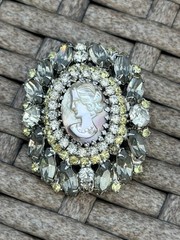 Vintage Signed Hobé Smoky Gray Rhinestone Faux Cameo Brooch Rhodium Plated