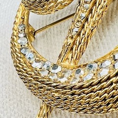 Florenza Vintage Gold Tone Rhinestone Orbit Swirl Brooch Textured 3” Modernist