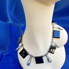 Original STERLING SILVER 925 Deco Onyx Modernist Necklace 186 Gr Vintage 18″ In