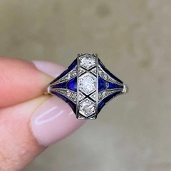 Art Deco Style Lab Created Diamond & Sapphire 14k White Gold FN Engagement Ring