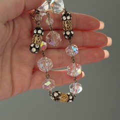 Vintage Clear AB Crystal Gold Tone Flower Openwork Beaded Tassel Bracelet 6.75″