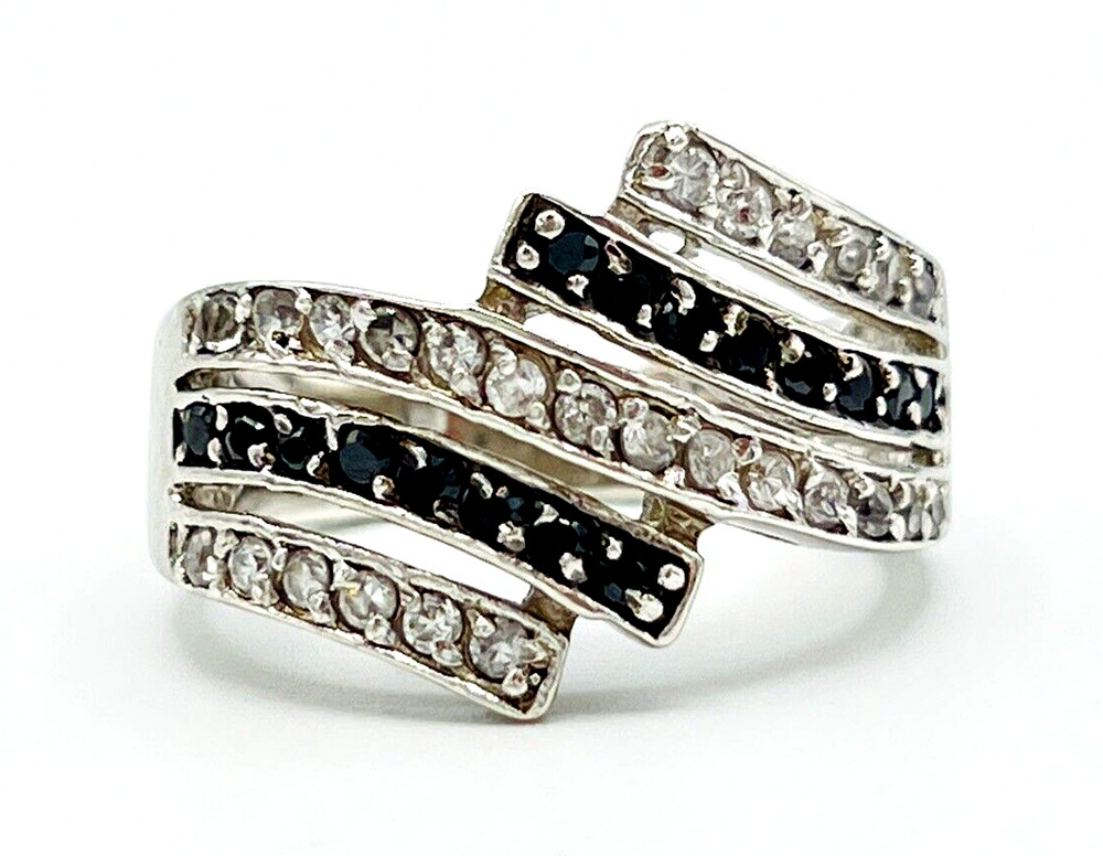 Sterling Silver Channel Set Black White Crystal Ring Size 6
