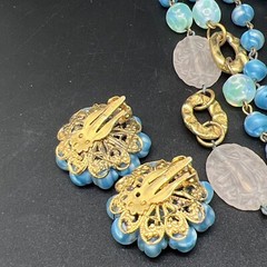 Vintage Freirich Blue White Green Pink Art glass Goldtone 62” necklace earring