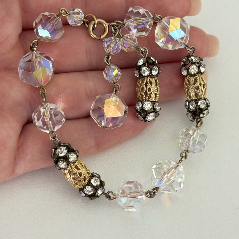 Vintage Clear AB Crystal Gold Tone Flower Openwork Beaded Tassel Bracelet 6.75″
