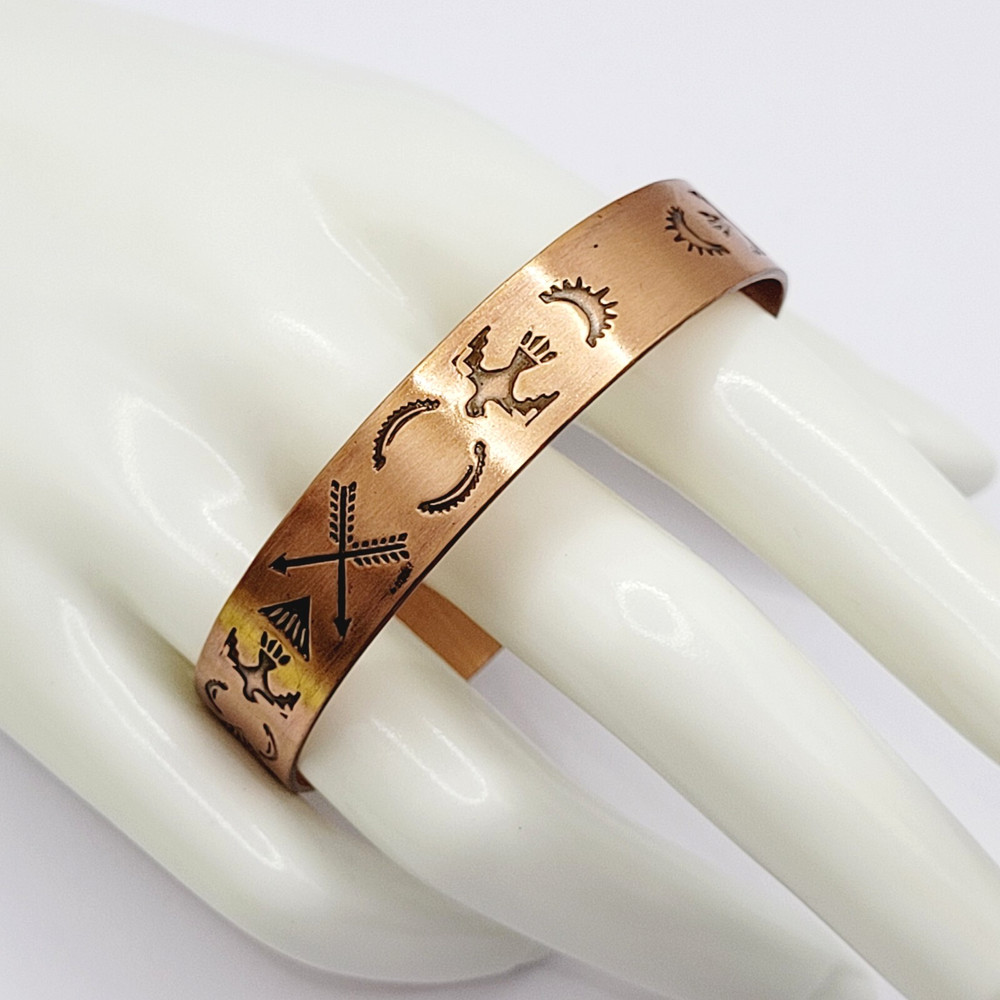 Copper Native American Inspired Symbols Thunderbird Arrows Sun Cuff Bracelet