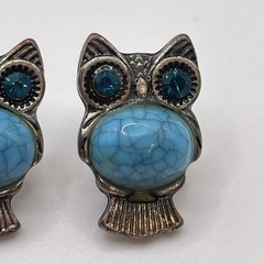 Earrings Vintage Owl Blue Glass Rhinestone Plastic Faux Turquoise Metal Jewelry