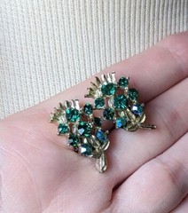 Vintage Green Peacock Blue Aurora Borealis AB Glass CLIP Earrings Feather Leaf