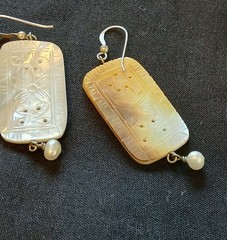 Vintage Mother of Pearl Rectangle Carved Flower Dangle Earrings w/ Pearl