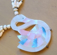 Inlaid Mother Of Pearl Swan Pendant 23in Beaded Necklace With Matching Earrings